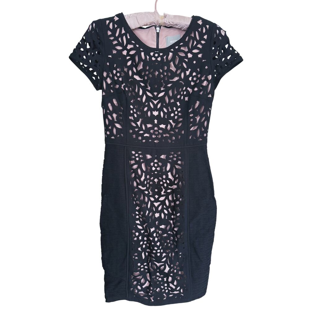 Maeve Floral Laser Cut Sheath Cocktail Dress XS Black Event Mother of Bride Glam